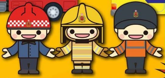 三名消防及救護人員卡通角色的插畫